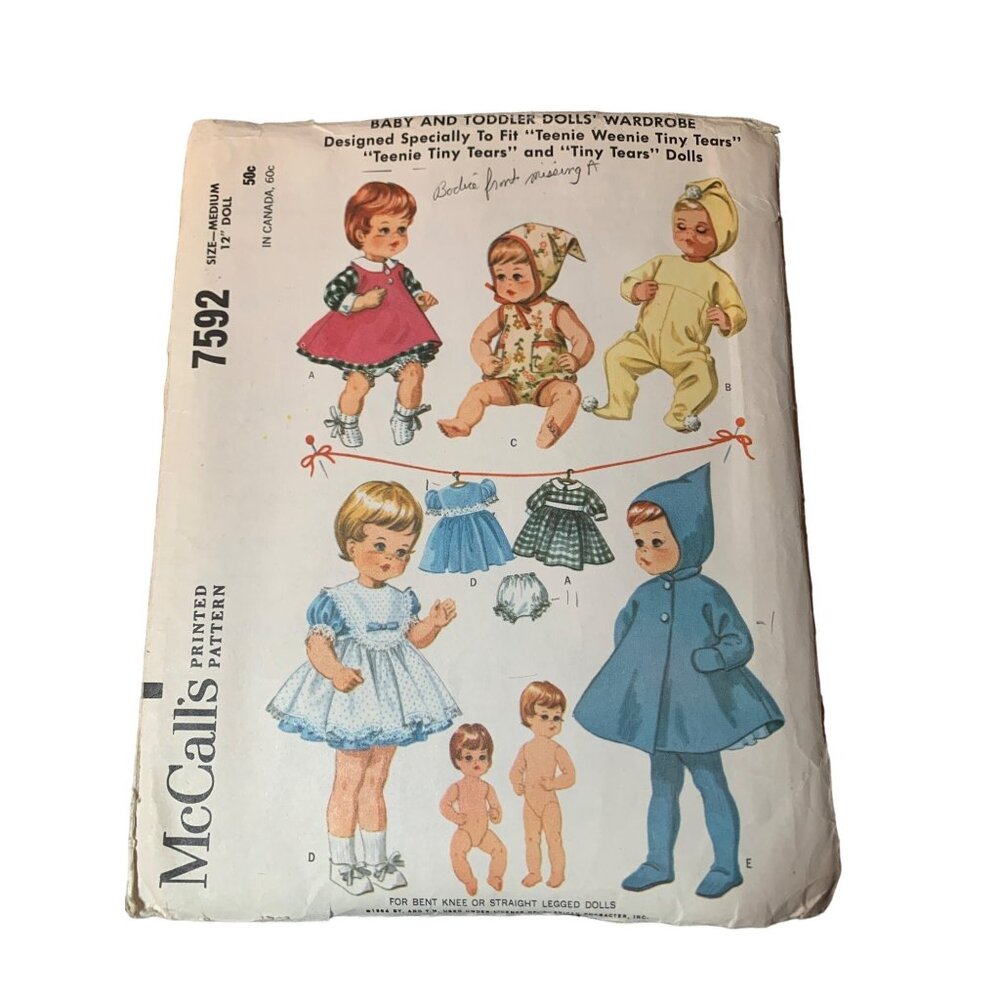 McCalls Printed Pattern 7592 Baby & Toddler Dolls Wardrobe Size 12" Doll 1960s